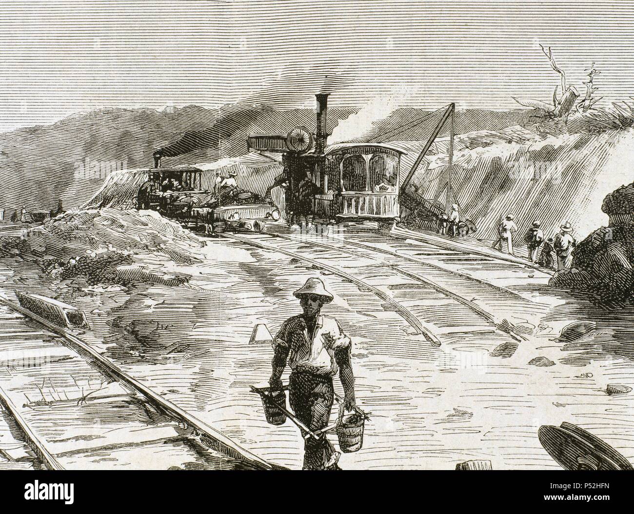 La costruzione del Canale di Panama, eseguito dalla società di Ferdinand-Marie de Lesseps (1805-1894). Incisione, 1886. Foto Stock