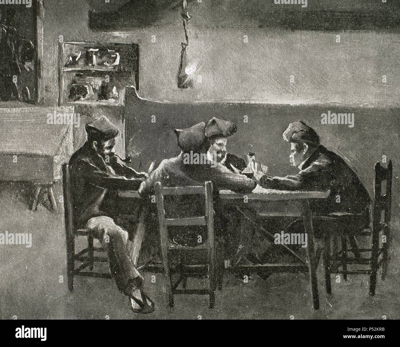 Marian Vayreda i Vila (1853-1903). Lo scrittore catalano. Renaissance. La Punyalada. Illustrazione di Josep Berga (1837-1914) e Josep Berga Boada (1872-1923). La Ilustracion Catalana, 1903. Foto Stock