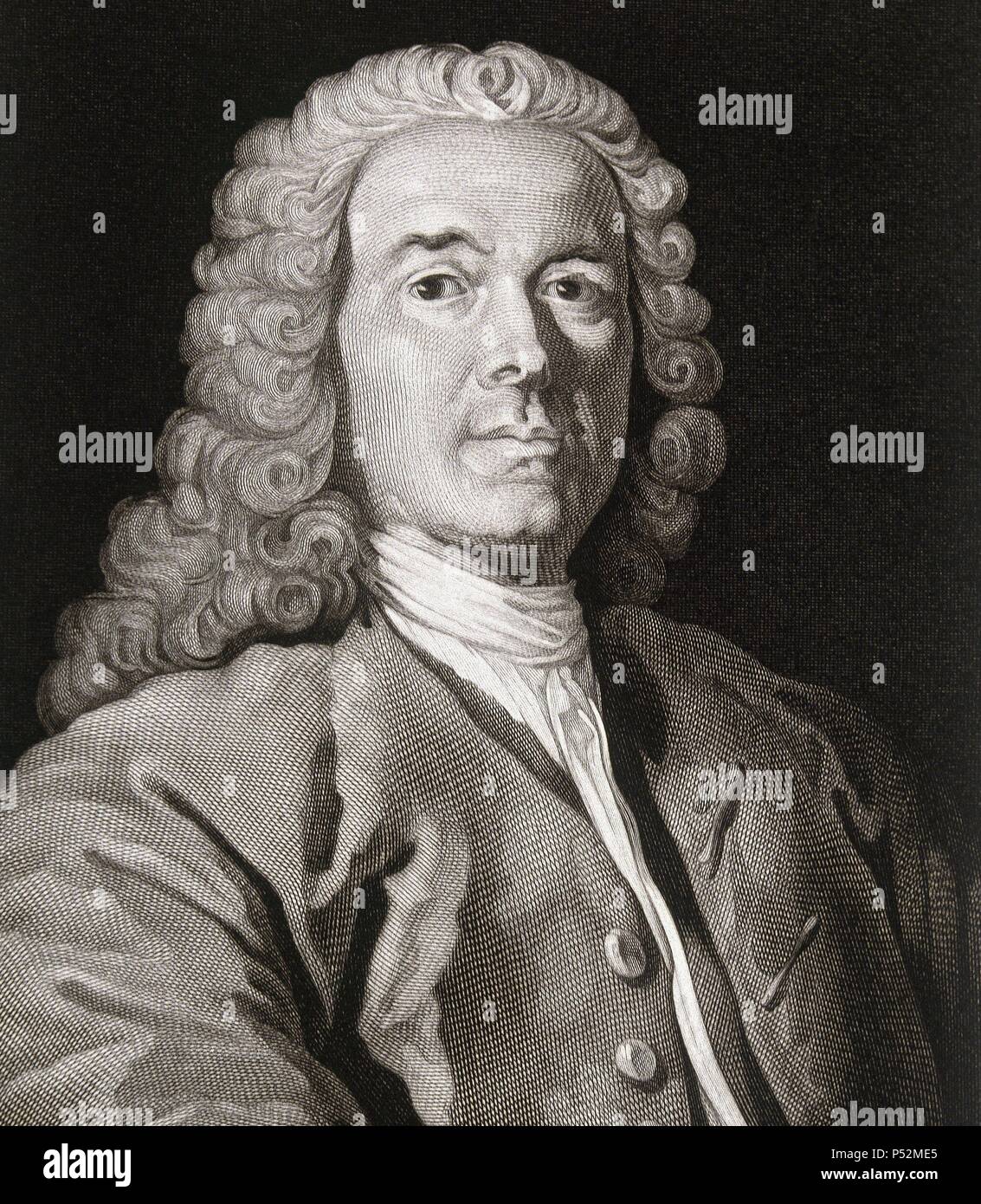 ARTE S. XVIII. ESPAÑA. PALOMINO, Juan Bernabé (Córdoba,1692-1777). Pintor español. Grabado realizado por Barco, a partir de onu Cuadro de Antonio González Ruiz. Museo de Bellas Artes de San Fernando. Madrid. España. Foto Stock