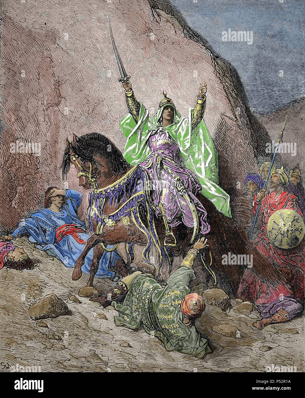 Saladino Turk (1138-1193). Primo Sultano d Egitto e Siria. Fondò la dinastia ayyubide. Xix secolo raffigurazione di una vittoriosa Saladino, da Gustave Dore. Incisione colorata. Foto Stock