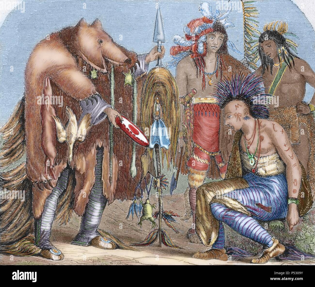 Stati Uniti. Gli indiani. Iroquois e Chippewa medici, i residenti del lago Superiore e del Lago Arkansas. Incisione colorata, 1878. Foto Stock