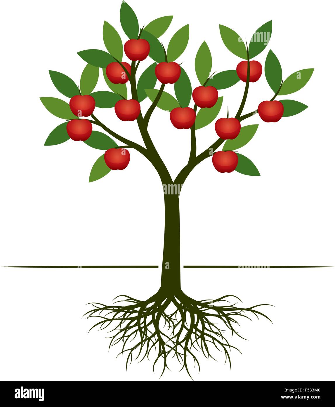 Verde mela albero rosso con frutti di apple. Illustrazione Vettoriale. Illustrazione Vettoriale