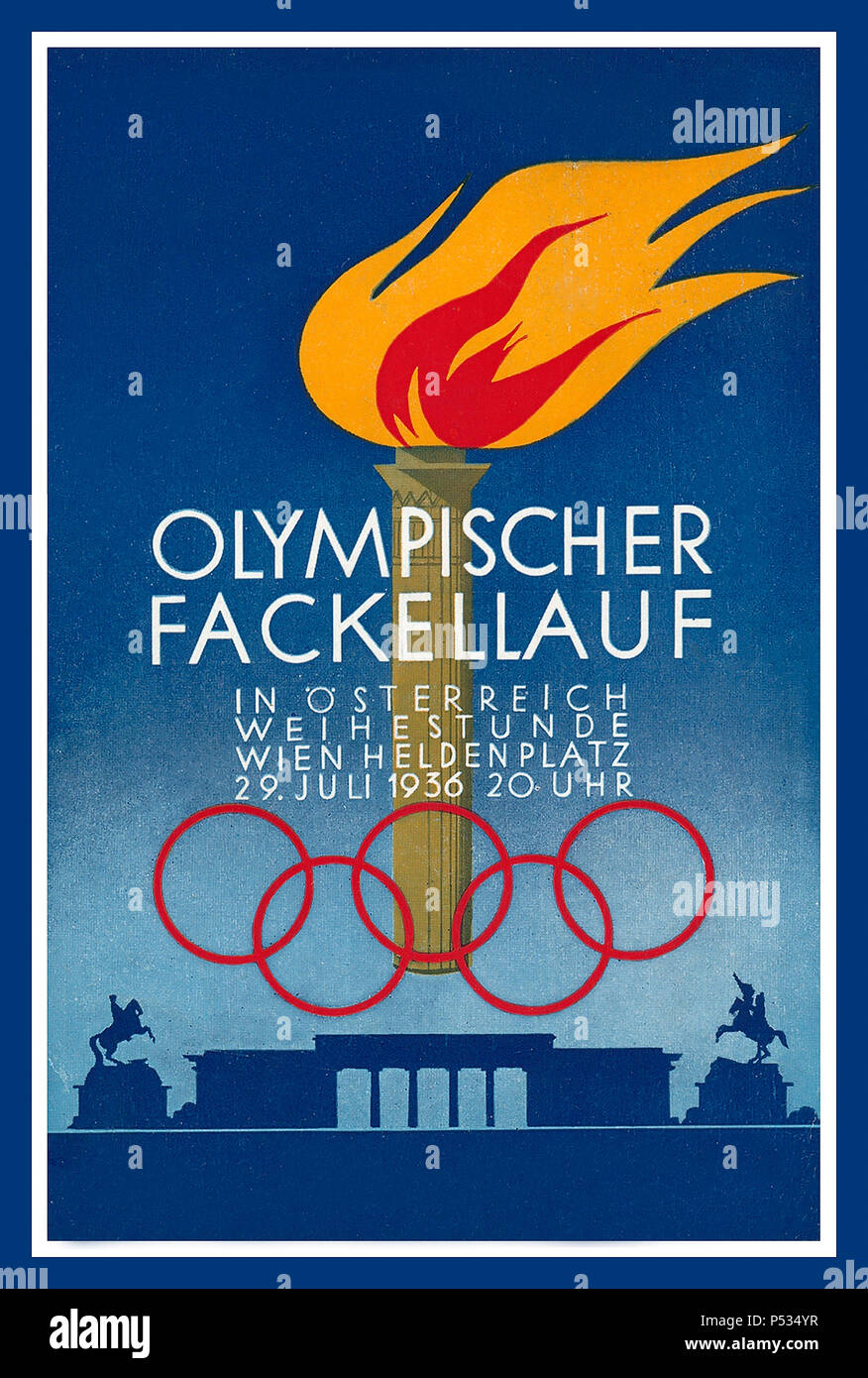 1936 Germania Austria Berlino Olimpiadi anelli olimpici Porta di Brandeburgo Cartolina commemorativa Poster torcia a fiamma 29 luglio OLYMPISCHER FACKELLAUF Helden Platz Vienna Foto Stock