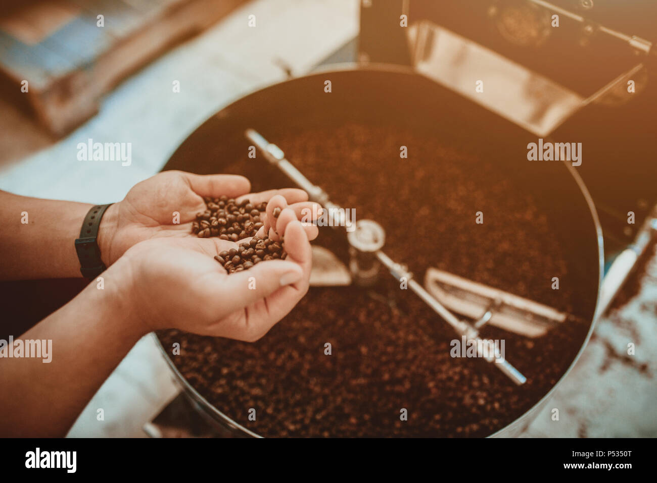 Professional la tostatura del caffè e il test con la mano in Colombia Foto Stock