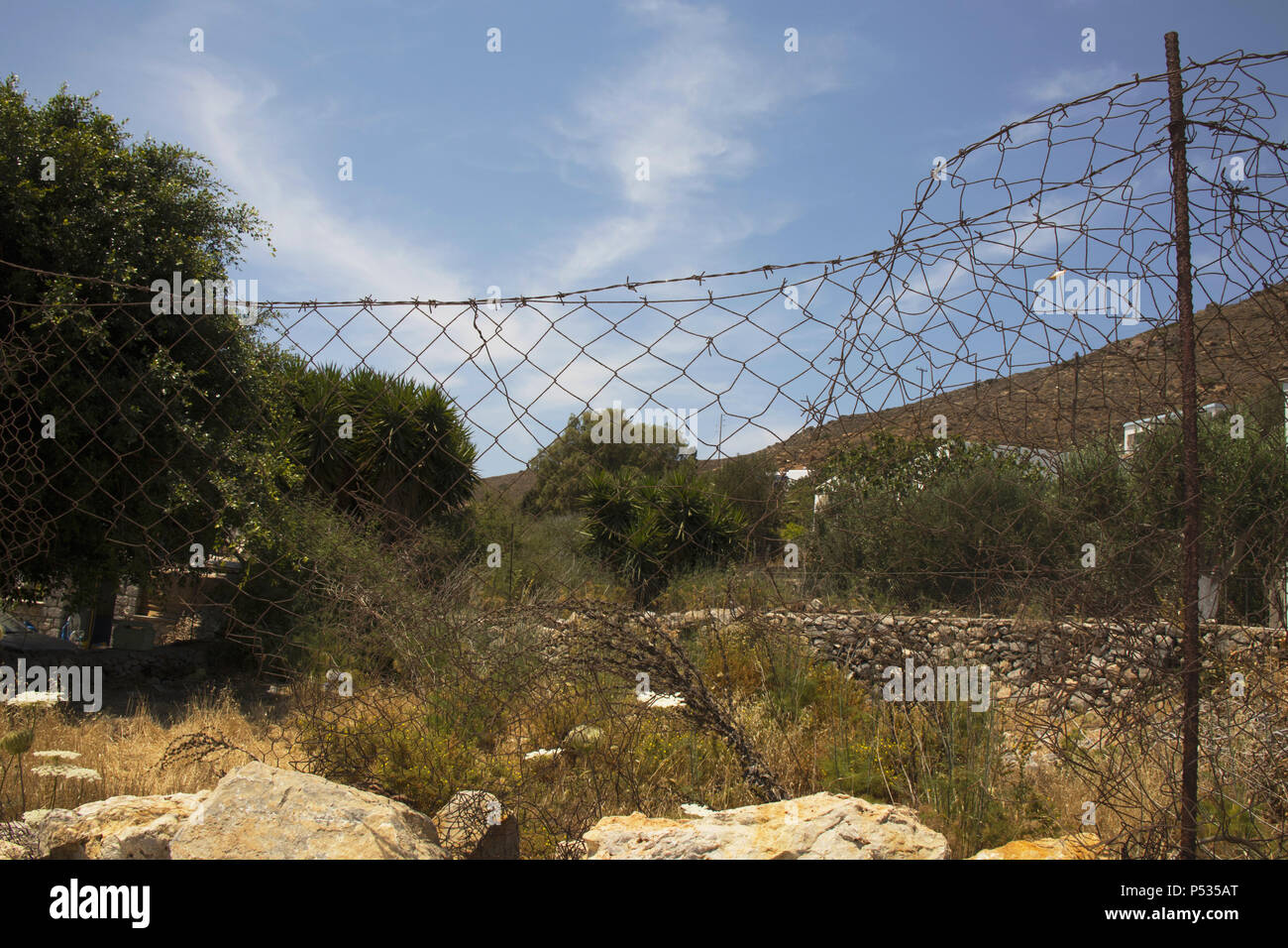 Scherma il tentativo di tenere fuori i caprini, Emporios, Kalymnos, Grecia Foto Stock