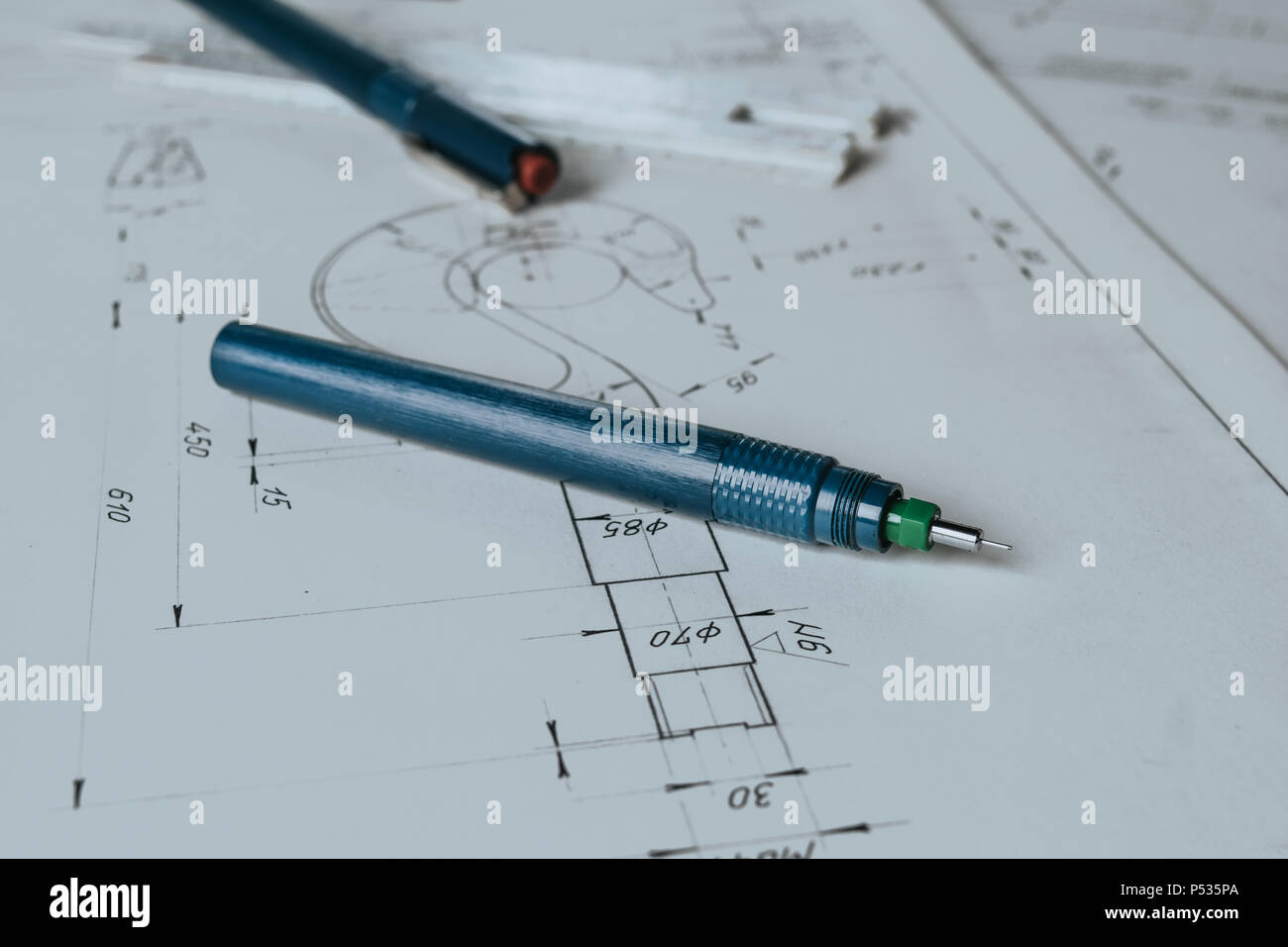 Penna tecnico (rapidograph) e disegno tecnico Foto Stock
