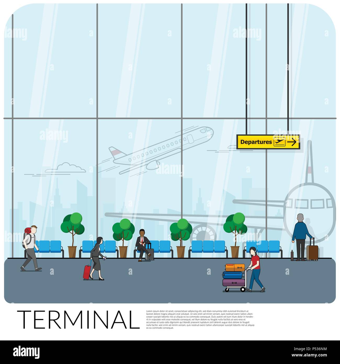 Il design degli interni di attesa gate di partenza hall presso il moderno aeroporto terminale con molti passeggero come turista e imprenditore con aereo e vista città Illustrazione Vettoriale