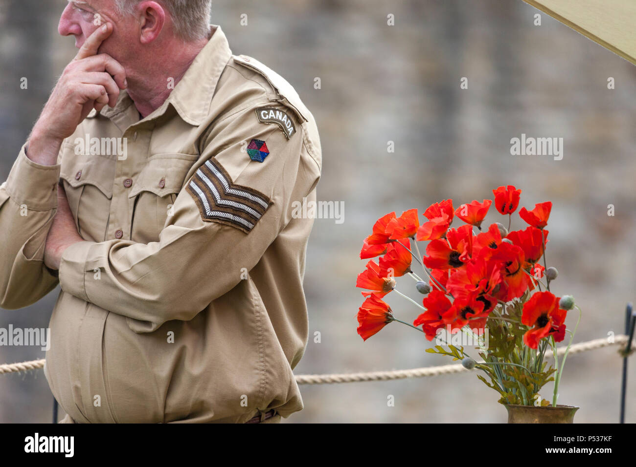 Royal Fucili a canna rigata in Canada, soldato con un vaso di papaveri durante il Barnard Castle, 1940's Weekend 2018. Foto Stock