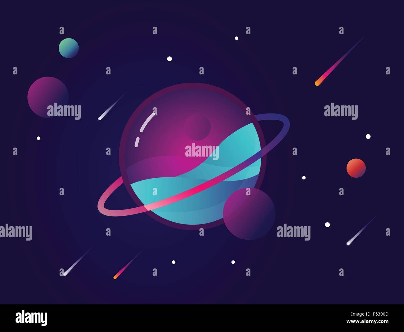 Vibrante pianeta colorato con stelle e velocizzando le comete. Spazio esterno icona concettuale nella moderna materiale piatto stile di design Illustrazione Vettoriale