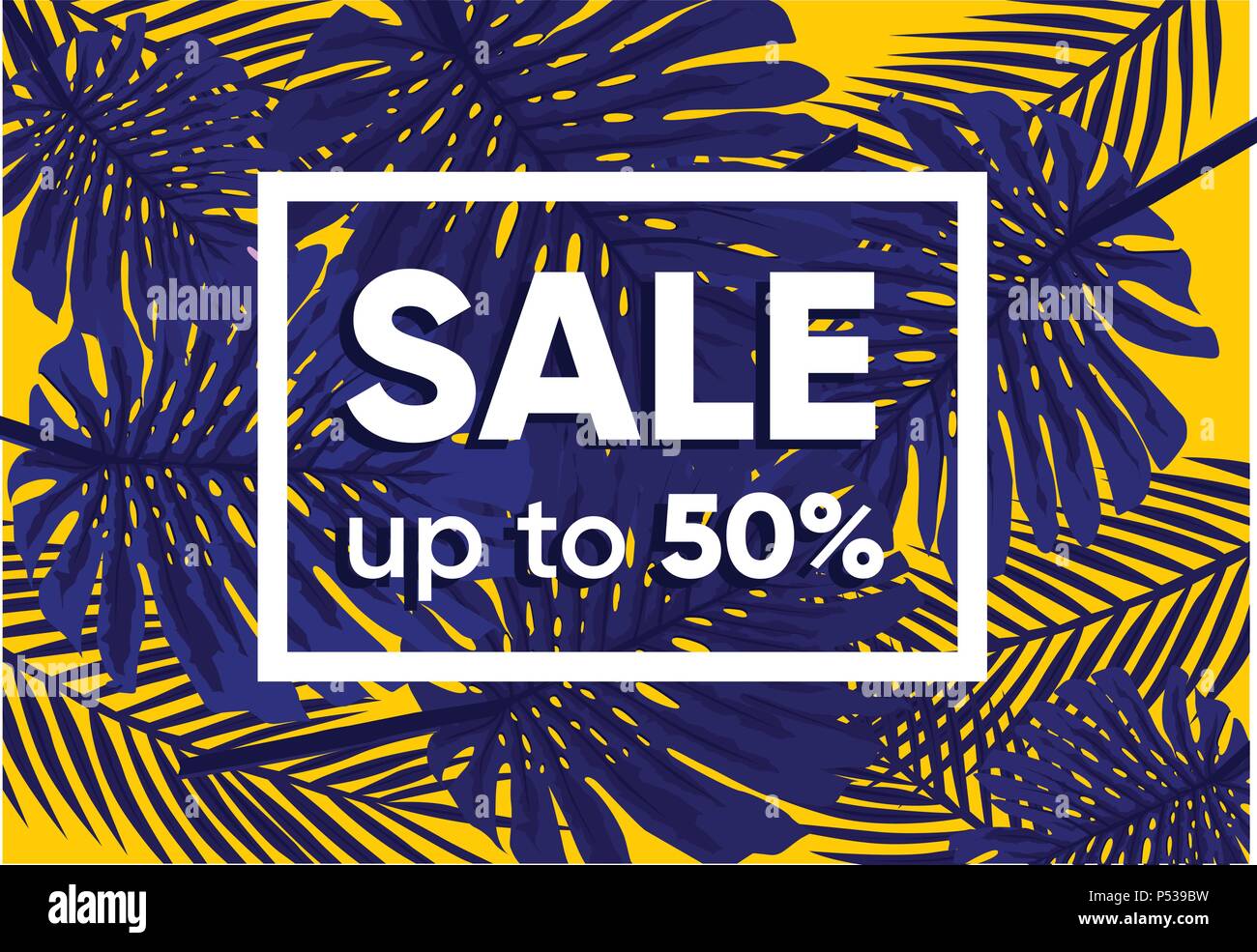Estate Vendita banner con giungla esotica di piante tropicali, palme esotiche foglie su sfondo viola. Sconto background di design con la giungla di foglie di palma. Natura carta da parati. Illustrazione Vettoriale