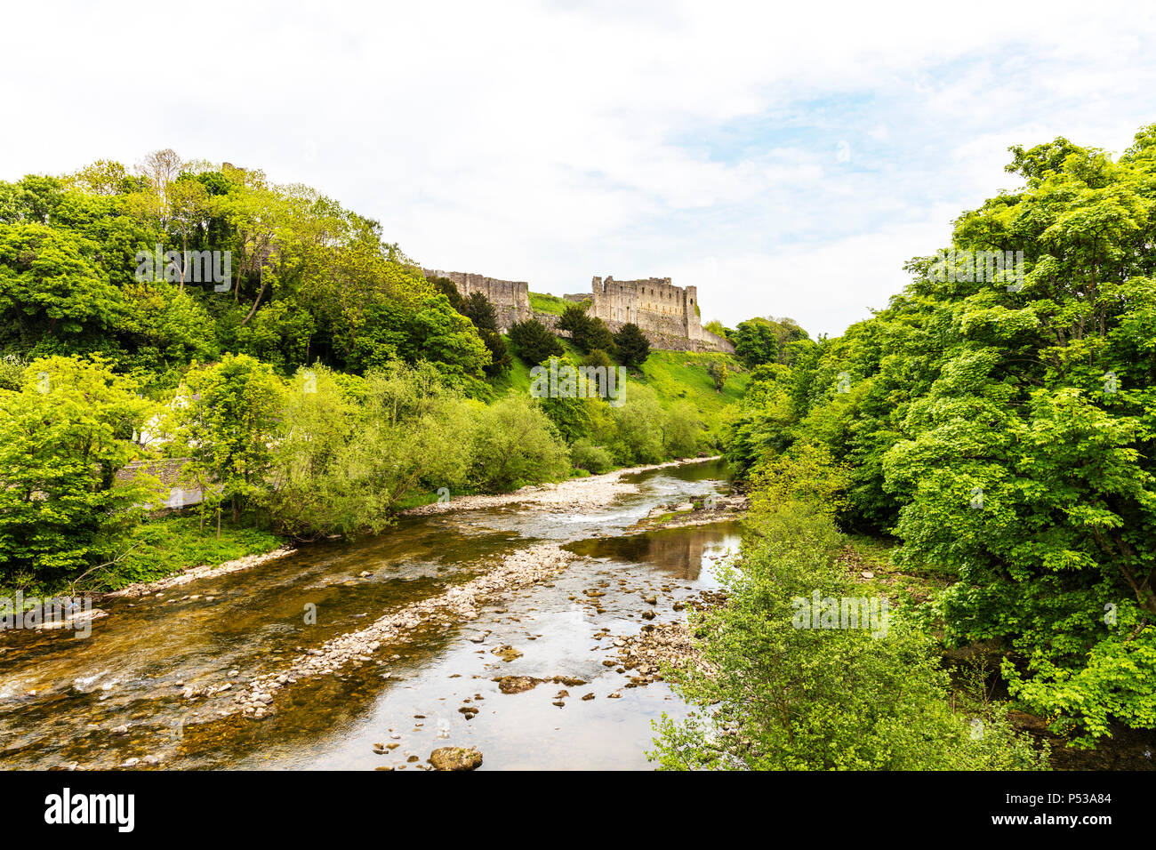 Fiume Swale Yorkshire, Fiume Swale Richmond Yorkshire Regno Unito, Richmond Castle affacciato sul fiume Swale, Fiume Swale Richmond Town Yorkshire fiumi, Foto Stock