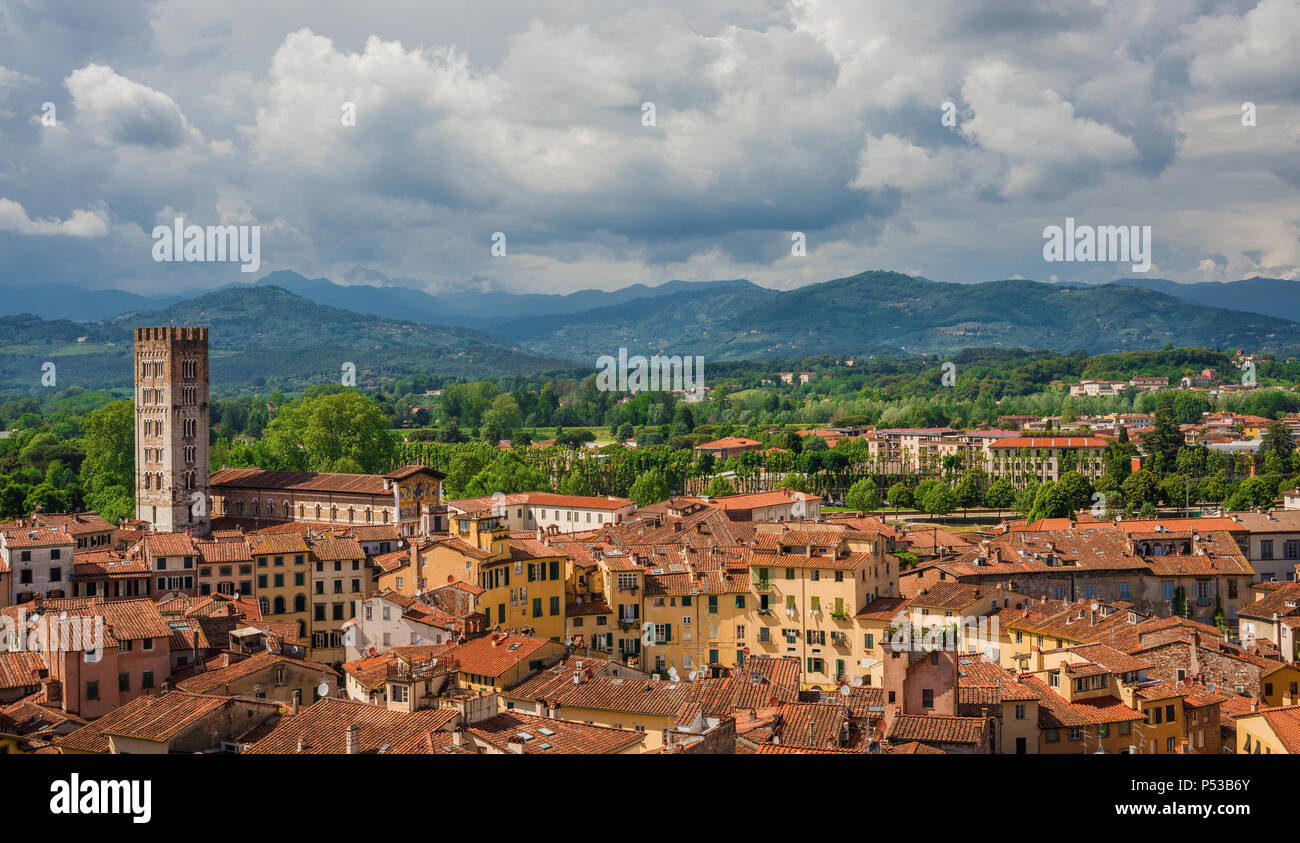 Panorama del centro medievale di Lucca con la famosa Piazza dell'Anfiteatro (Anfiteatro piazza), la romanica Basilica di San Frediano (St Ven Foto Stock