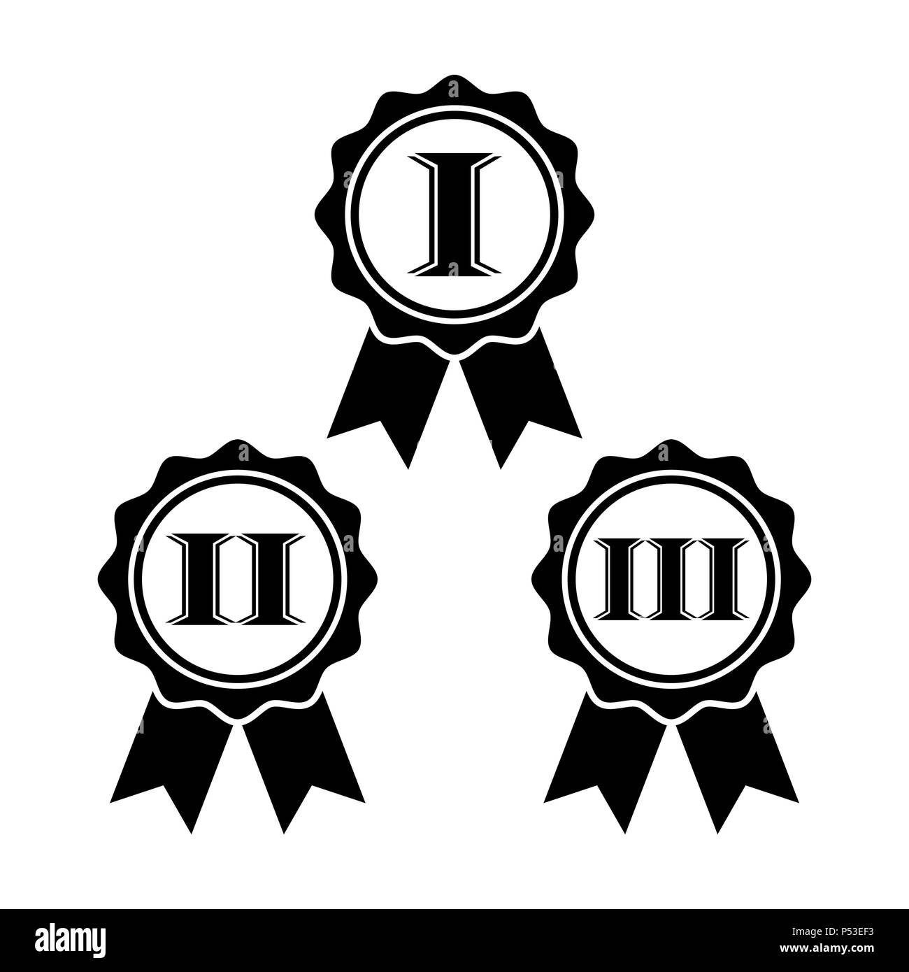 Medaglia premio icon set in stile appartamento. Simbolo di rosette isolati su sfondo bianco. Semplice primo, secondo e terzo premio segno. Icona astratta in nero. Illustrazione Vettoriale