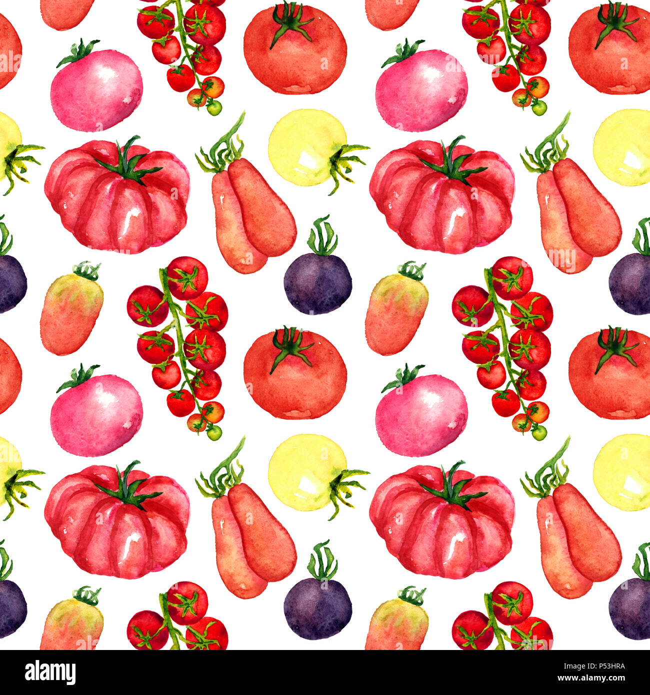 Pomodori varietà, seamless pattern design, dipinte a mano illustrazione ad acquerello Foto Stock