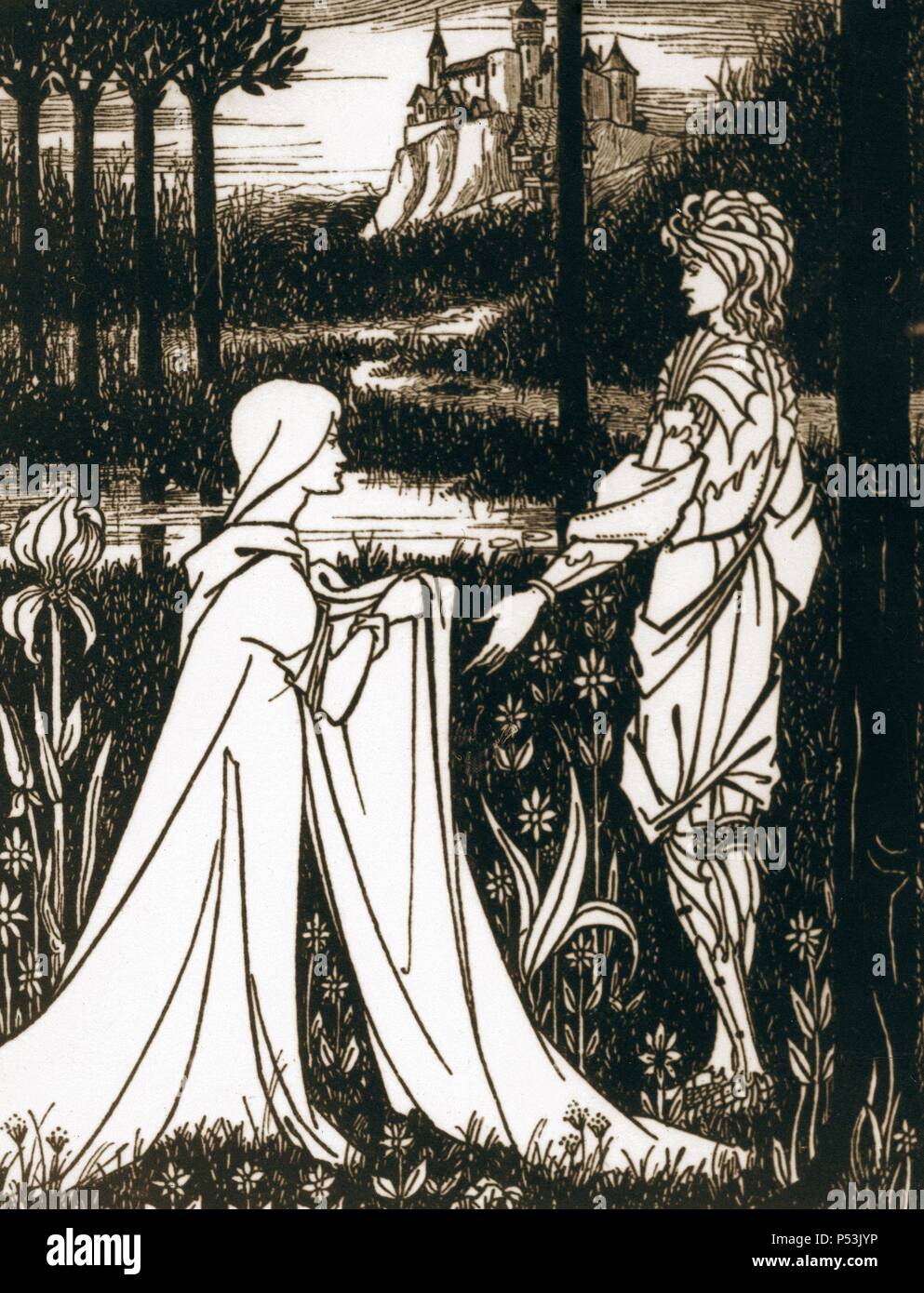 Leggenda arturiana. King Arthur e la signora del lago. Incisione. Xix secolo. Foto Stock