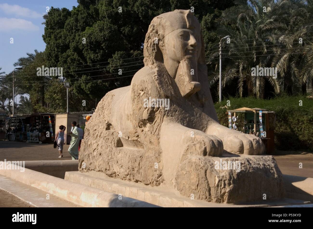 Arte Egizia Sfinge di Memphis. Alabastro. Risale probabilmente tra il 1700 e il 1400 A.C. durante la XVIII dinastia. Si ritiene che la sfinge onorato Hatshepsut, Amenhotep II o di Amenhotep III e affiancato l'ingresso meridionale del tempio di Ptah. Mit Rahina Open Air Museum. Memphis. L'Egitto. Foto Stock