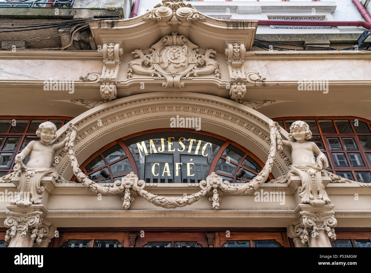 Majestic cafe, Rua Santa Caterina, facciata dettaglio, Porto, Portogallo Foto Stock