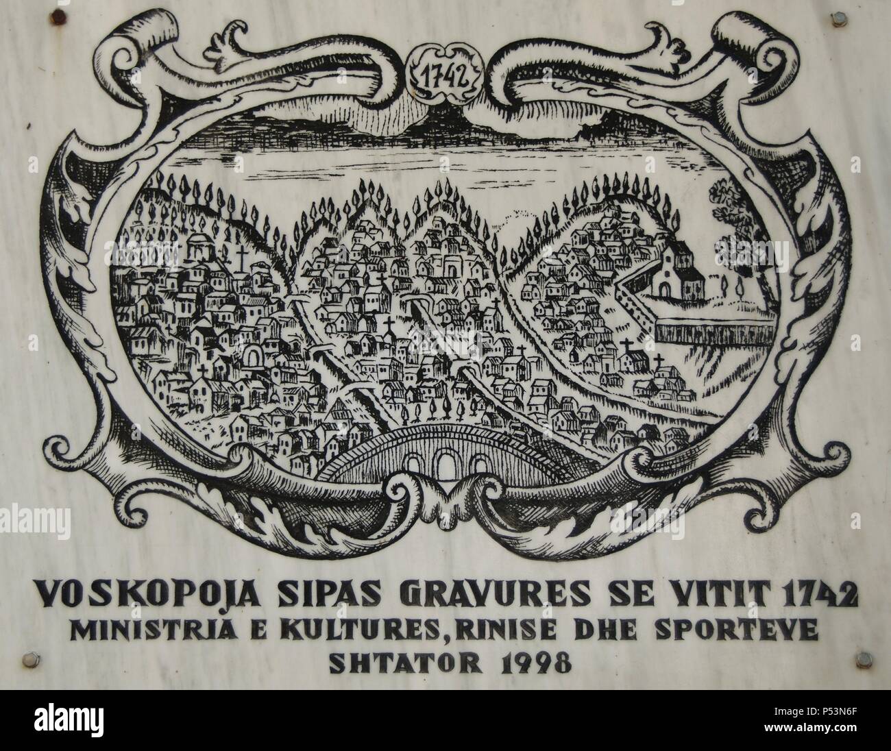 Repubblica di Albania. Moscopole. Striscione raffigurante la città in 1742. Chiesa di San Nicola. Esterno. Foto Stock