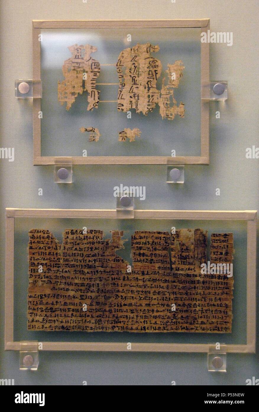 La scrittura egizia. Parte superiore: Lettera a un morto su papiro. Attorno al 2000 A.C. Fine del primo periodo intermedio. Origine sconosciuta. Inferiore: ieratico papiro. Periodo tolemaico. 305-30 BC. Origine sconosciuta. British Museum. Londra. Regno Unito. Foto Stock