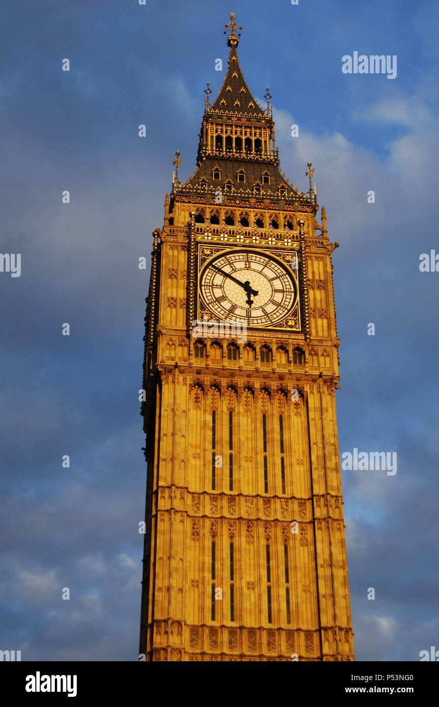 Regno Unito. In Inghilterra. Londra. Il Big Ben e la torre dell orologio presso il Palazzo di Westminster. Xix secolo. Dettaglio. Foto Stock
