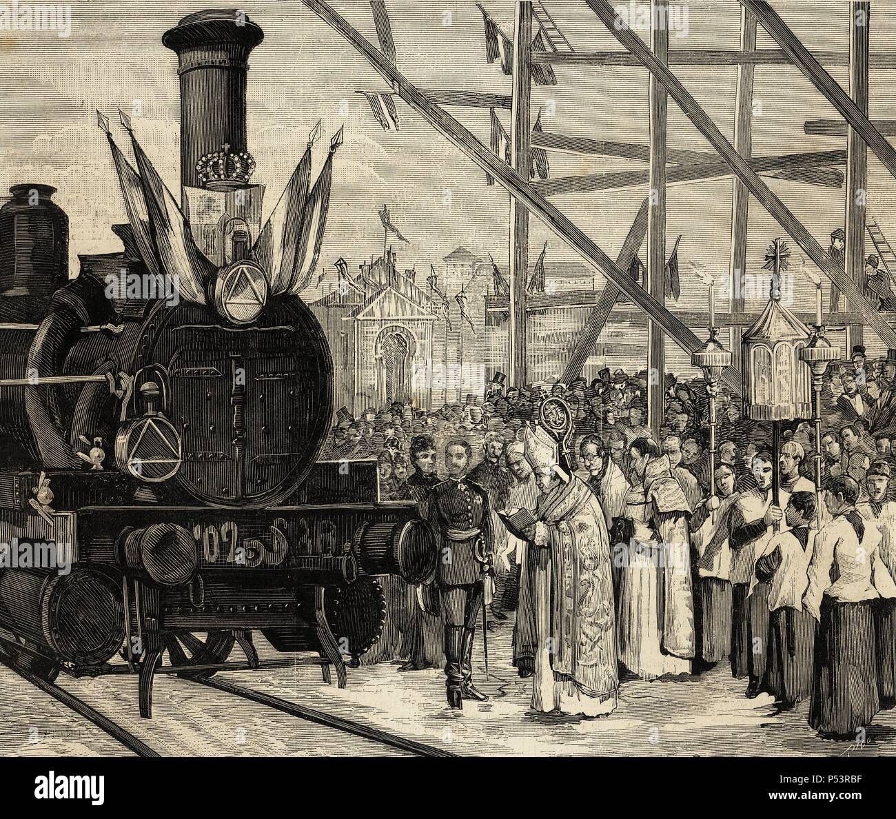 Inaugurazione di una rampa diretta da Madrid a Ciudad Real. Il Cardinale Arcivescovo di Toledo benedire la locomotiva 'Badajoz' (1879), in presenza del re Alfonso XII. Incisione in spagnolo e illustrazione americana. Foto Stock