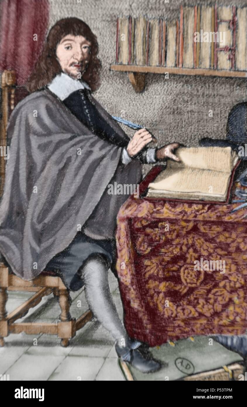 Descartes, Rene (La Haye, Touraine, Francia, 1596-Stoccolma, 1650). Filosofo francese, matematico, fisico e scrittore. Incisione colorata. Foto Stock