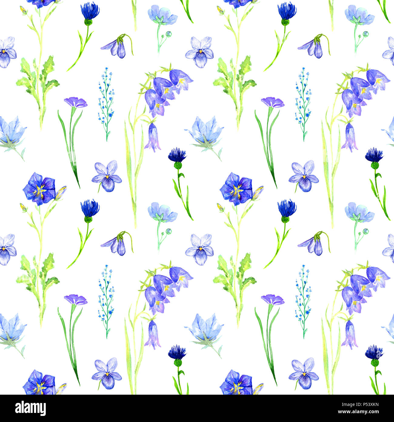 Fiori blu: campanule, viole, dimenticare-me, Fiordaliso, perfetta design pattern, isolato dipinte a mano illustrazione ad acquerello in stile morbido Foto Stock