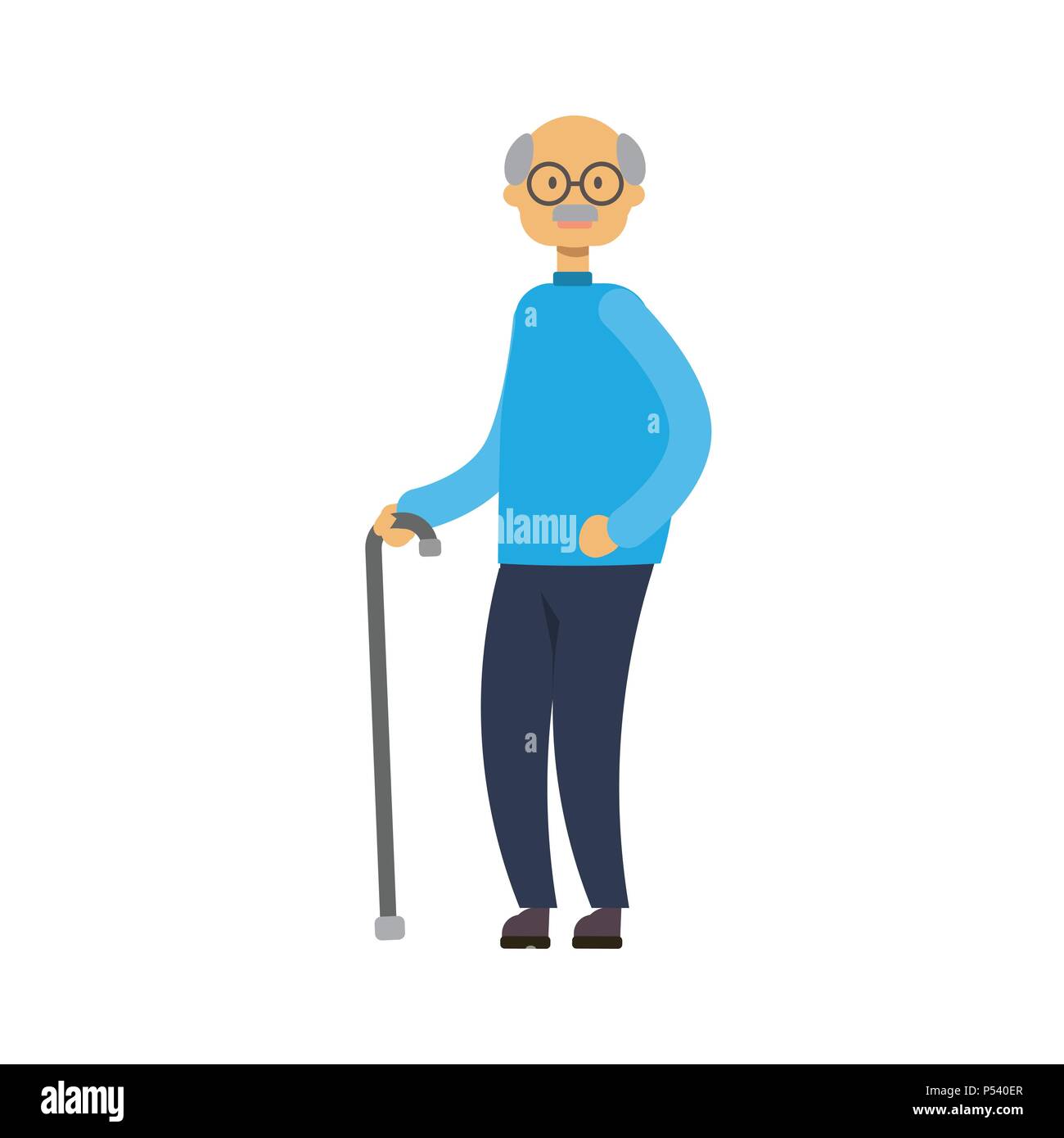 Il vecchio uomo che cammina con bastone. a lunghezza piena di nonno su sfondo bianco carino il nonno, albero del genere happy family concept, piatto design cartoon Illustrazione Vettoriale