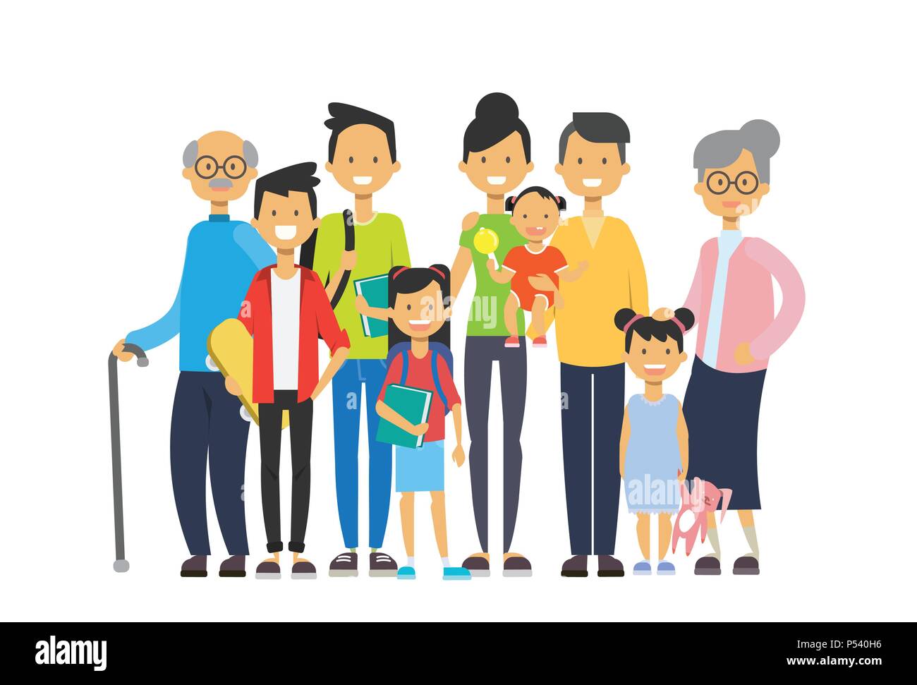 Multi generazione famiglia insieme, nonno nonna e nipoti su sfondo bianco, albero del genere happy family concept, piatto design cartoon Illustrazione Vettoriale