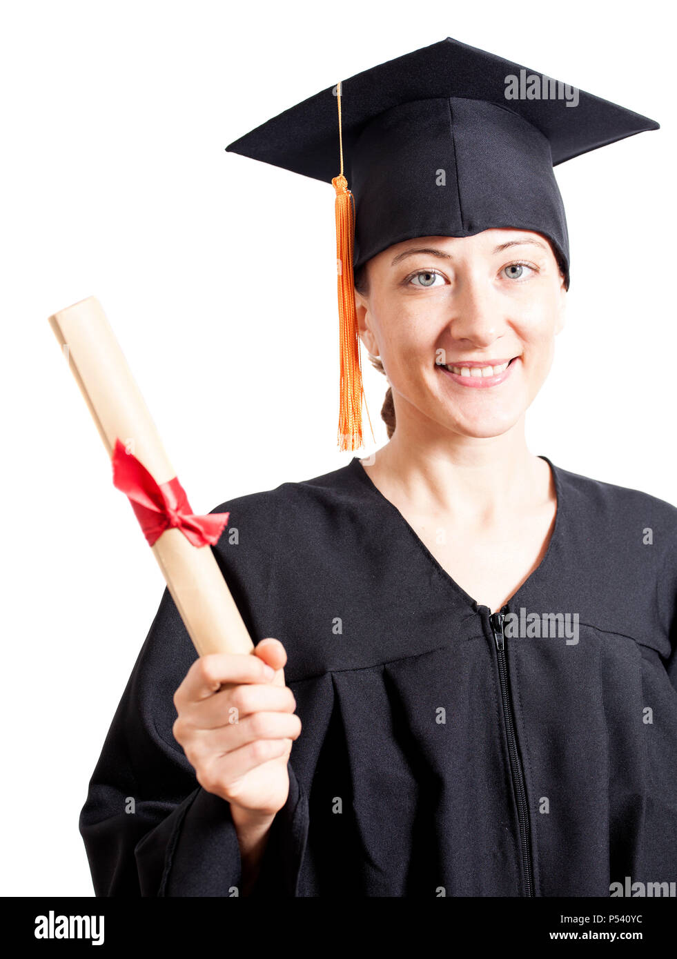 Femmina di corso di laurea in azienda mantello diploma isolato su bianco Foto Stock