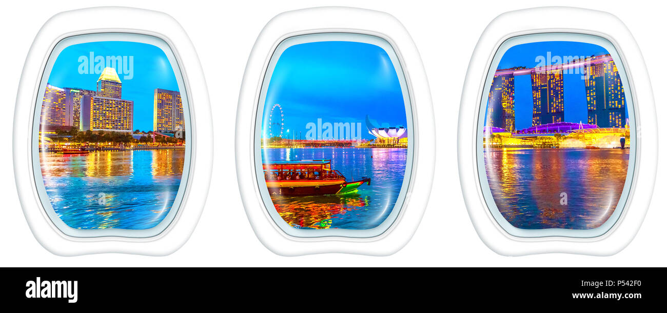 Tre oblò frame windows sul panorama degli edifici di Singapore, grattacieli e ruota panoramica Ferris si riflette nel mare, notte la barca turistica. Lo skyline di Singapore al blue ora in marina bay. copia su uno spazio bianco. Foto Stock