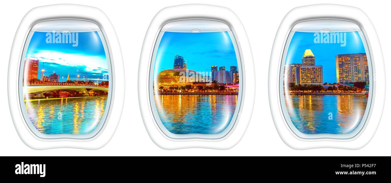 Tre oblò frame windows sulla skyline di Singapore in marina bay con vele crociera nel porto di blue ora. La barca turistica sul primo piano. Scena notturna waterfront nella baia di Singapore con copia spazio. Foto Stock