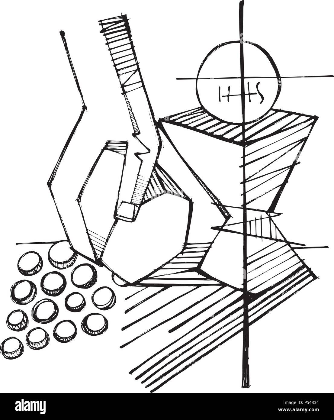 Disegnata a mano a matita vettore di immagine o disegno di alcuni Eucaristia religiosi simboli cristiani Illustrazione Vettoriale
