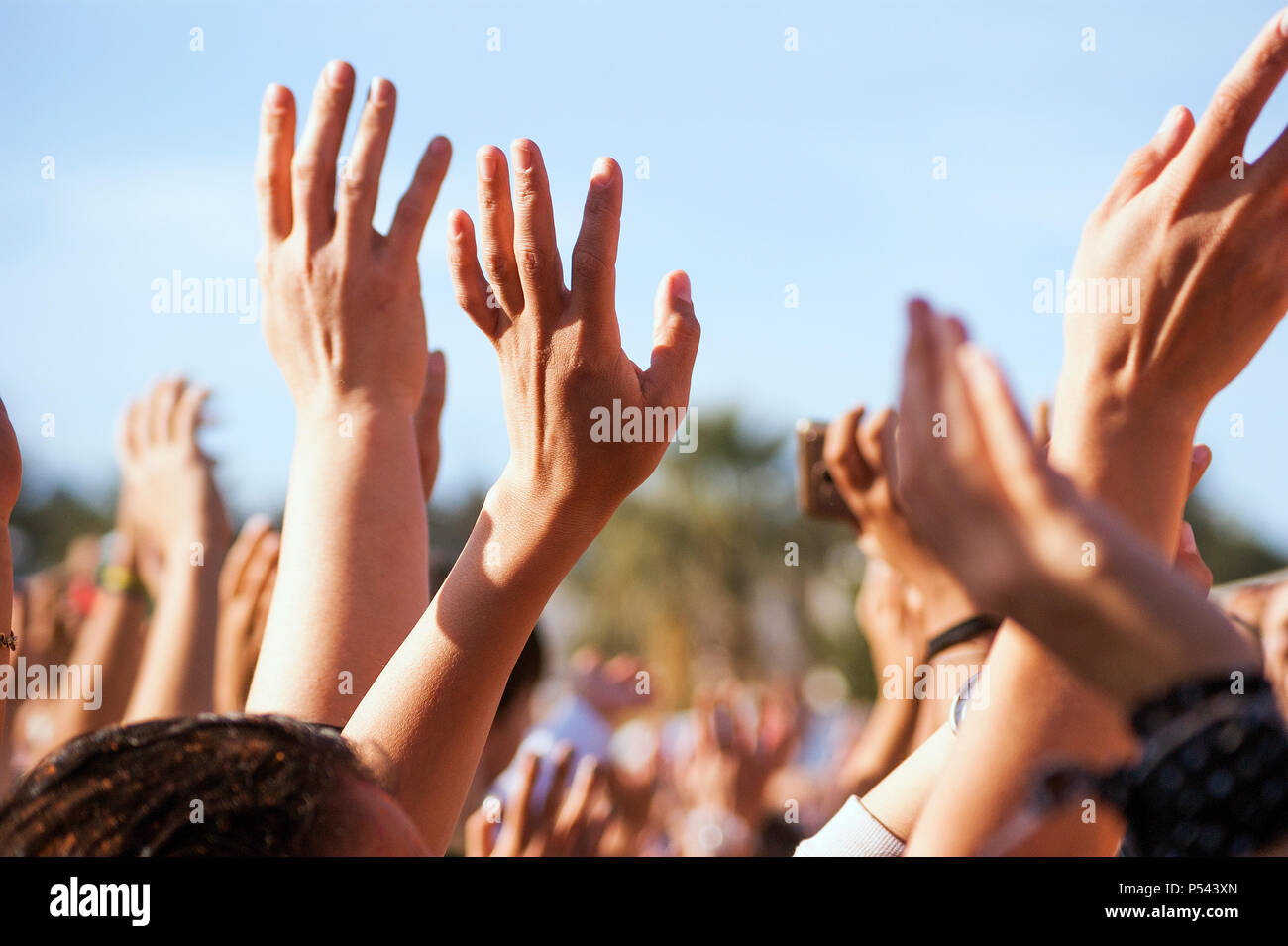 Affollate di persone le mani fino a un tempo di giorno di concerto. Foto Stock