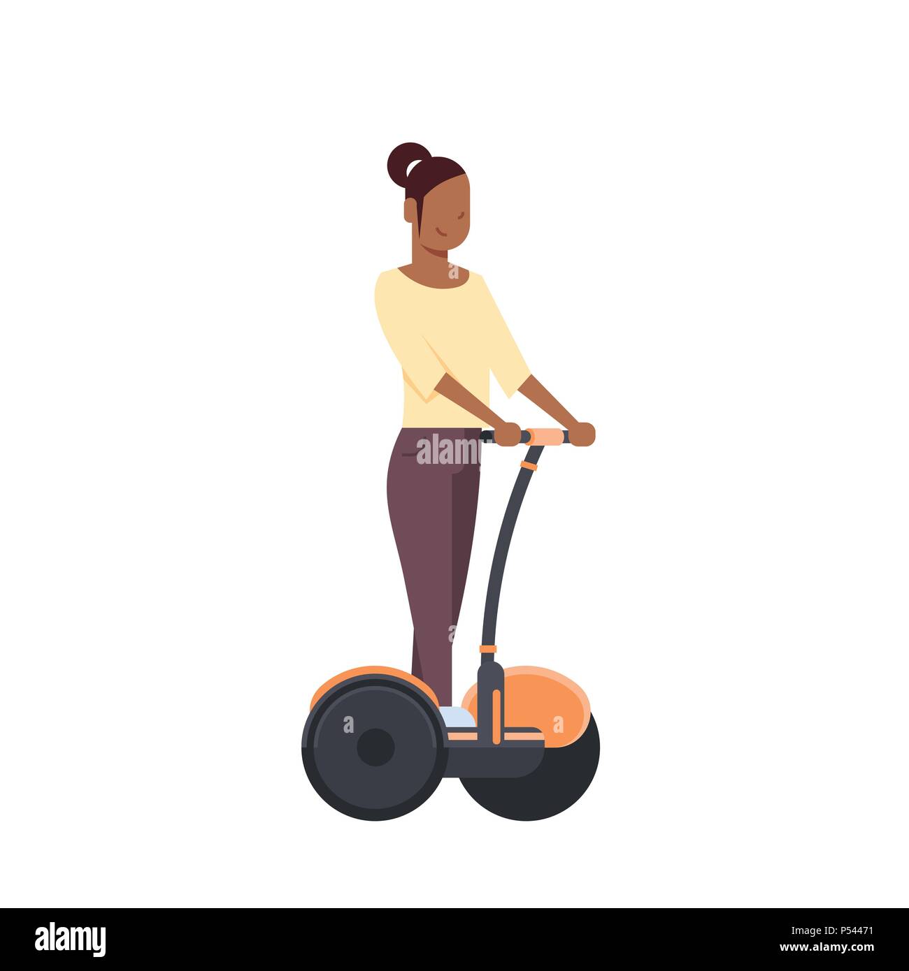 Donna africana gyroscooter equitazione su sfondo bianco. gyroboard concetto. cartoon a piena lunghezza carattere stile piatto Illustrazione Vettoriale