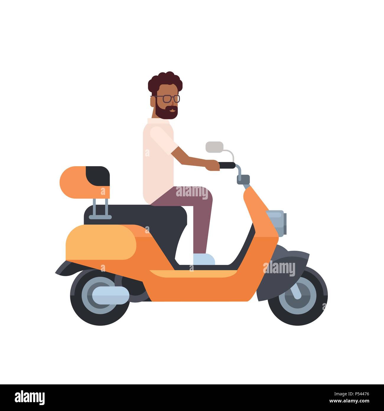 L'uomo africano di equitazione scooter elettrico su sfondo bianco. motociclo concetto. cartoon a piena lunghezza carattere stile piatto Illustrazione Vettoriale