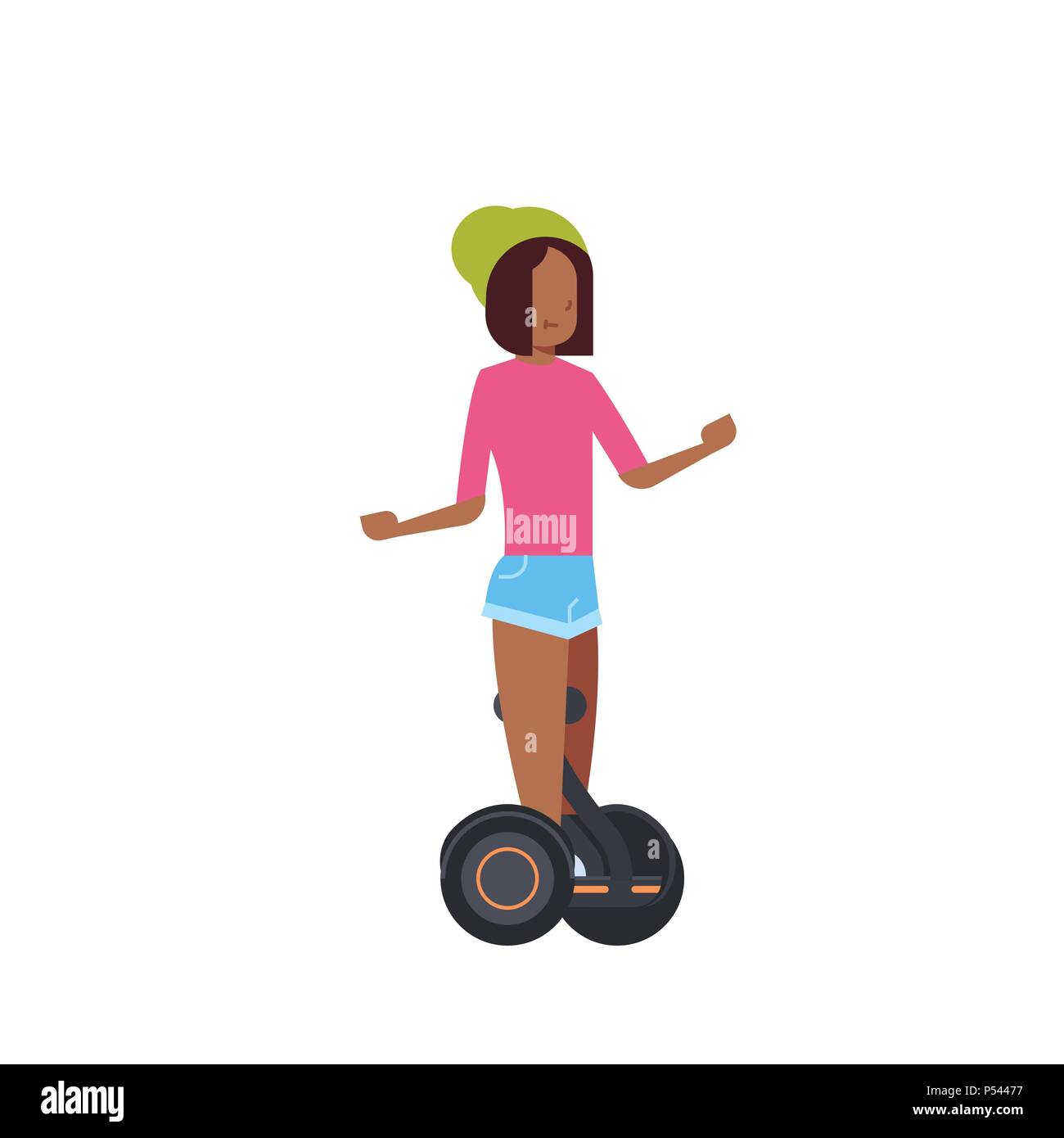 Ragazza africana gyroscooter equitazione su sfondo bianco. gyroboard concetto. cartoon a piena lunghezza carattere stile piatto Illustrazione Vettoriale