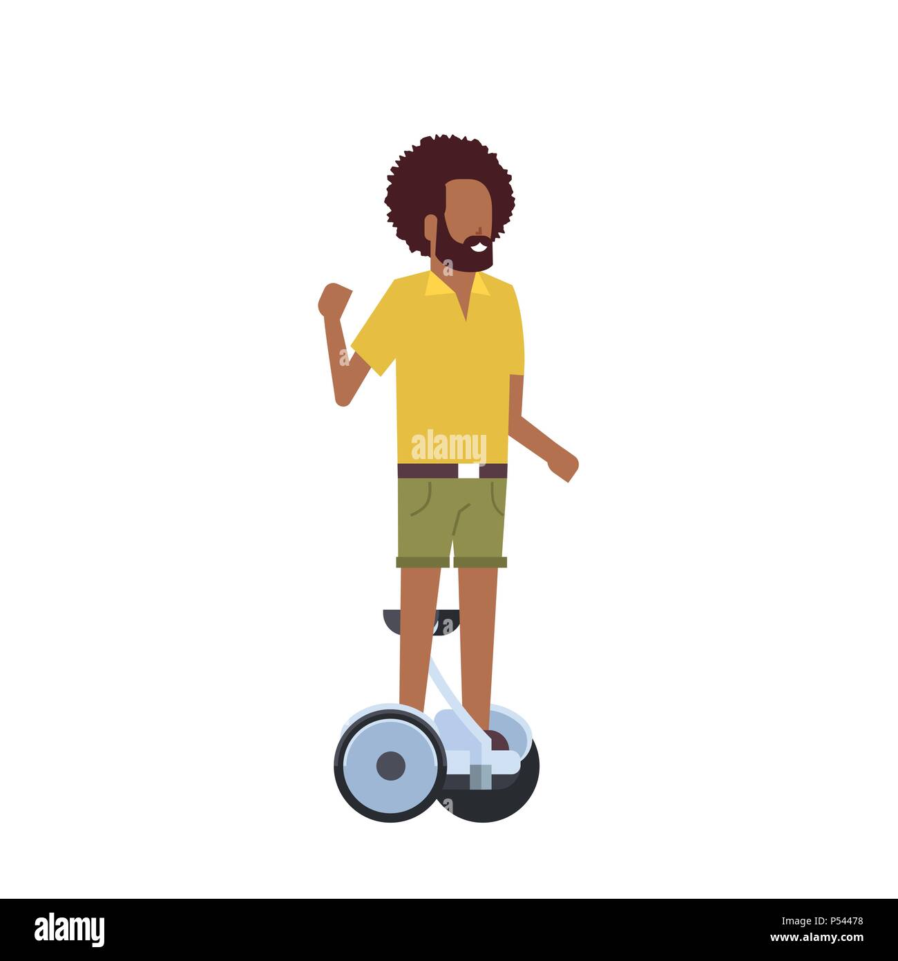 Ragazzo africano gyroscooter equitazione su sfondo bianco. gyroboard concetto. cartoon a piena lunghezza carattere stile piatto Illustrazione Vettoriale