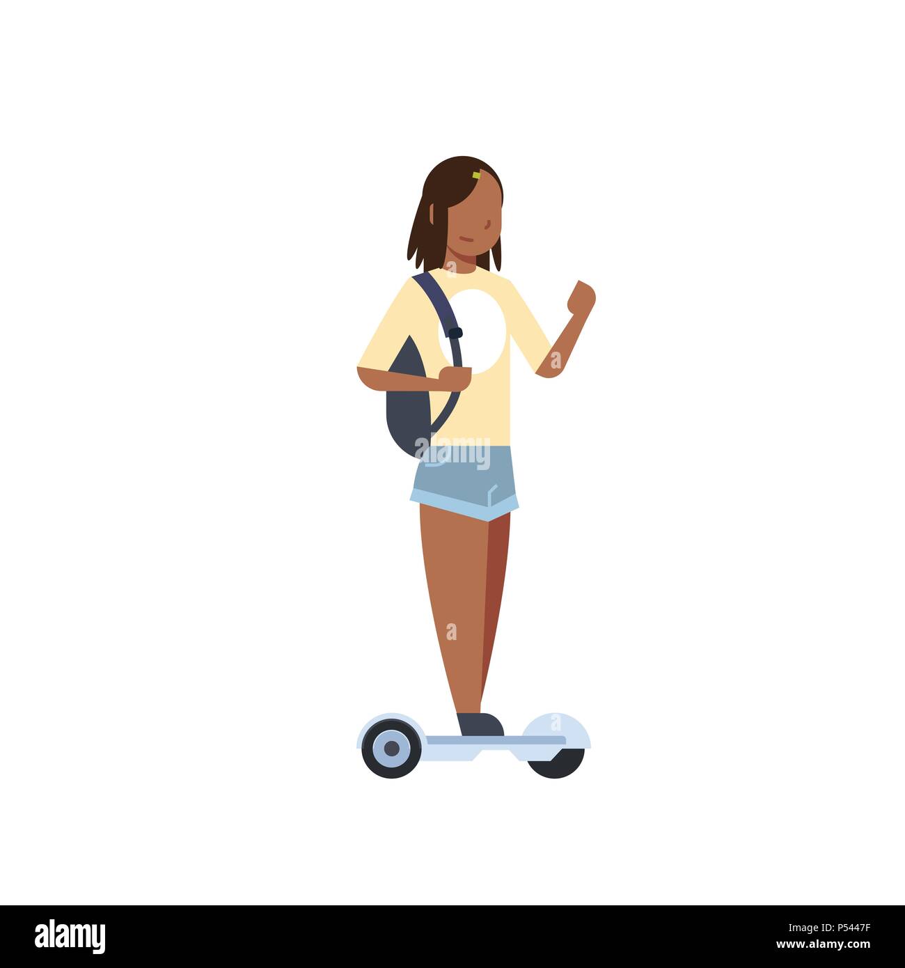 Ragazza africana gyroscooter equitazione su sfondo bianco. gyroboard concetto. cartoon a piena lunghezza carattere stile piatto Illustrazione Vettoriale