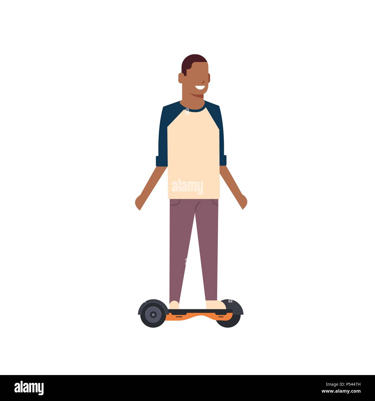 Ragazzo africano gyroscooter equitazione su sfondo bianco. gyroboard concetto. cartoon a piena lunghezza carattere stile piatto Illustrazione Vettoriale