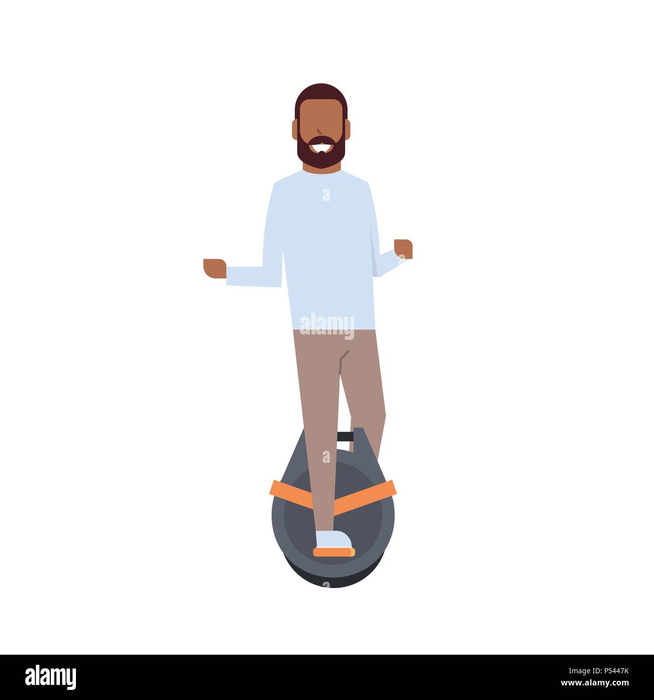 Ragazzo africano di equitazione ruota mono su sfondo bianco. concetto elettrico. cartoon a piena lunghezza carattere stile piatto Illustrazione Vettoriale