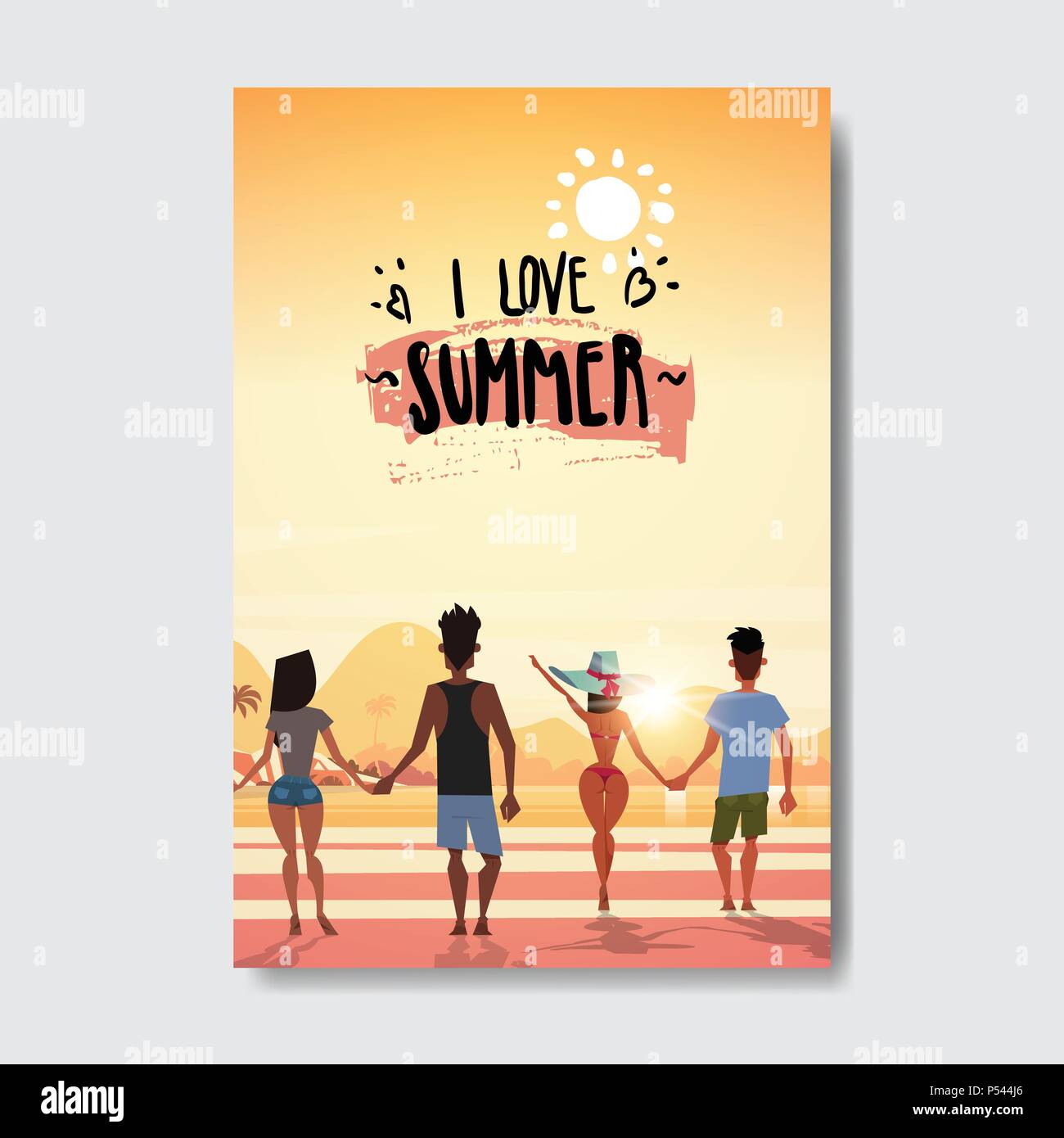 Estate amano le persone tenendo le mani guardando il tramonto vista posteriore relax landscape beach Design badge etichetta. Stagione Vacanze scritte per il logo,Modelli, invito biglietto di auguri, poster e stampe. Illustrazione Vettoriale