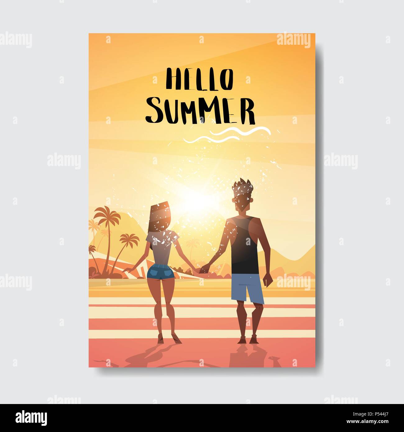 Summer love gente giovane tenendo le mani guardando il tramonto vista posteriore relax landscape beach Design badge etichetta. Stagione Vacanze scritte per il logo,Modelli, invito biglietto di auguri, poster e stampe. Illustrazione Vettoriale