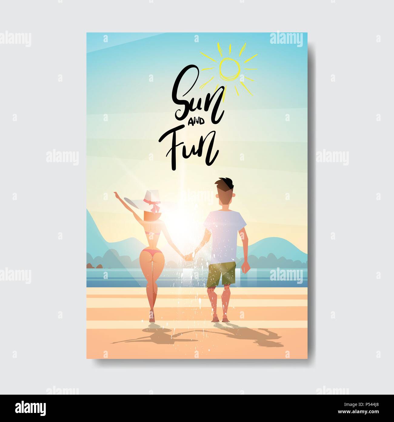 Summer love gente giovane holding hands cerca sunrise vista posteriore relax landscape beach Design badge etichetta. Stagione Vacanze scritte per il logo,Modelli, invito biglietto di auguri, poster e stampe. Illustrazione Vettoriale