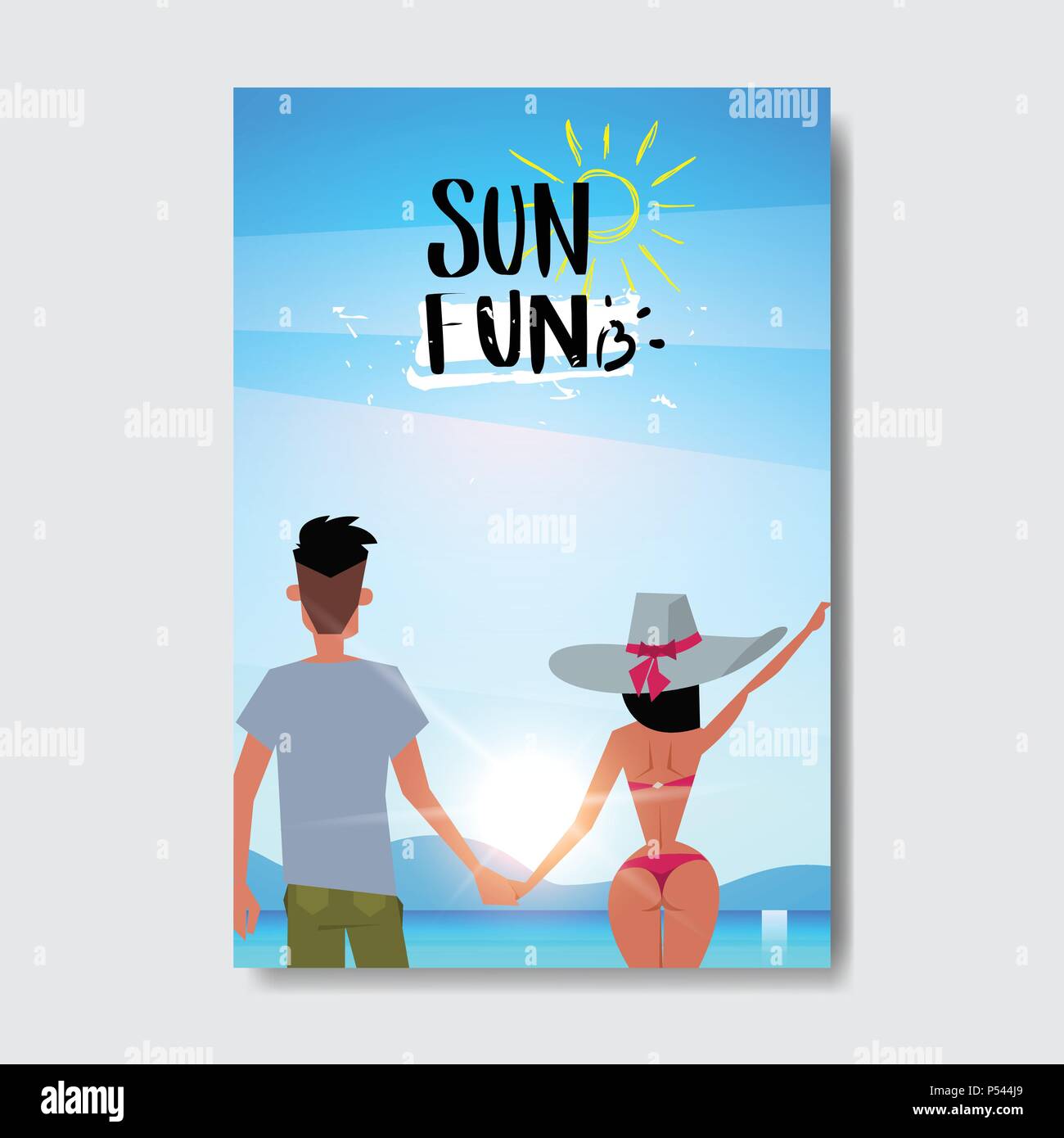 Summer love uomo donna giovane holding hands cerca sunrise vista posteriore relax landscape beach Design badge etichetta. Stagione Vacanze scritte per il logo,Modelli, invito biglietto di auguri, poster e stampe. Illustrazione Vettoriale