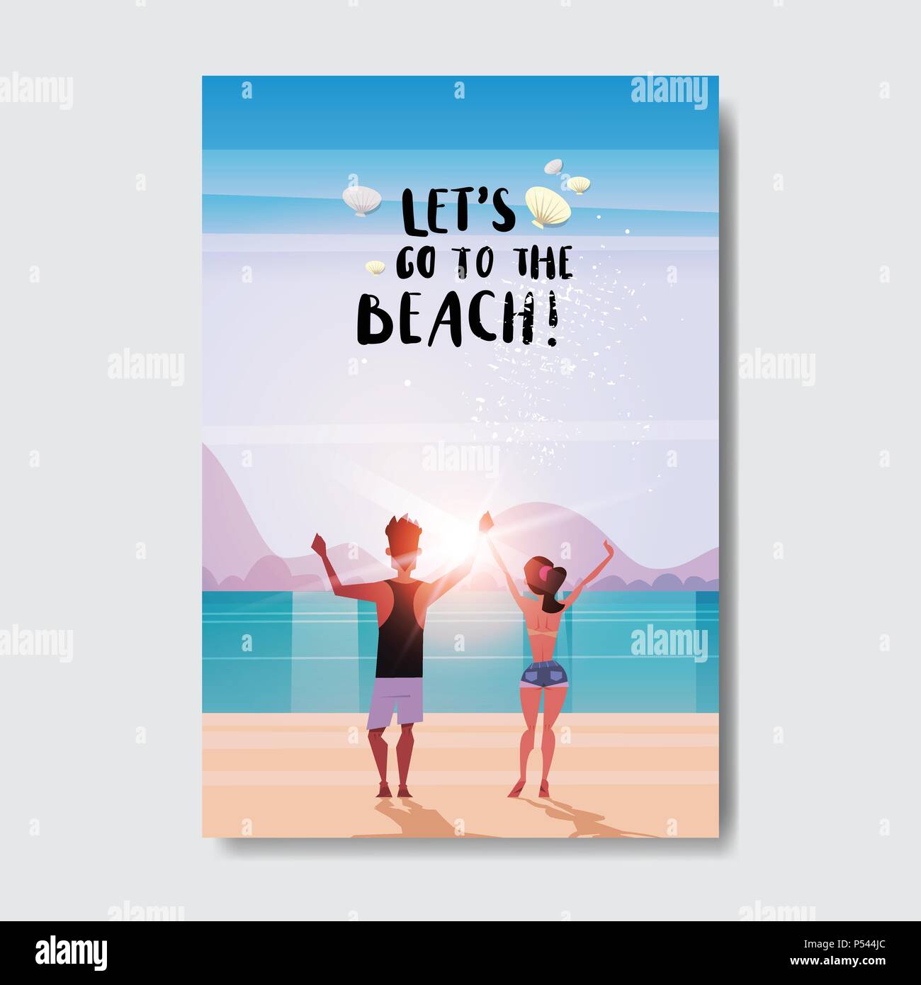 Summer love gente giovane holding hands cerca sunrise vista posteriore relax landscape beach Design badge etichetta. Stagione Vacanze scritte per il logo,Modelli, invito biglietto di auguri, poster e stampe. Illustrazione Vettoriale