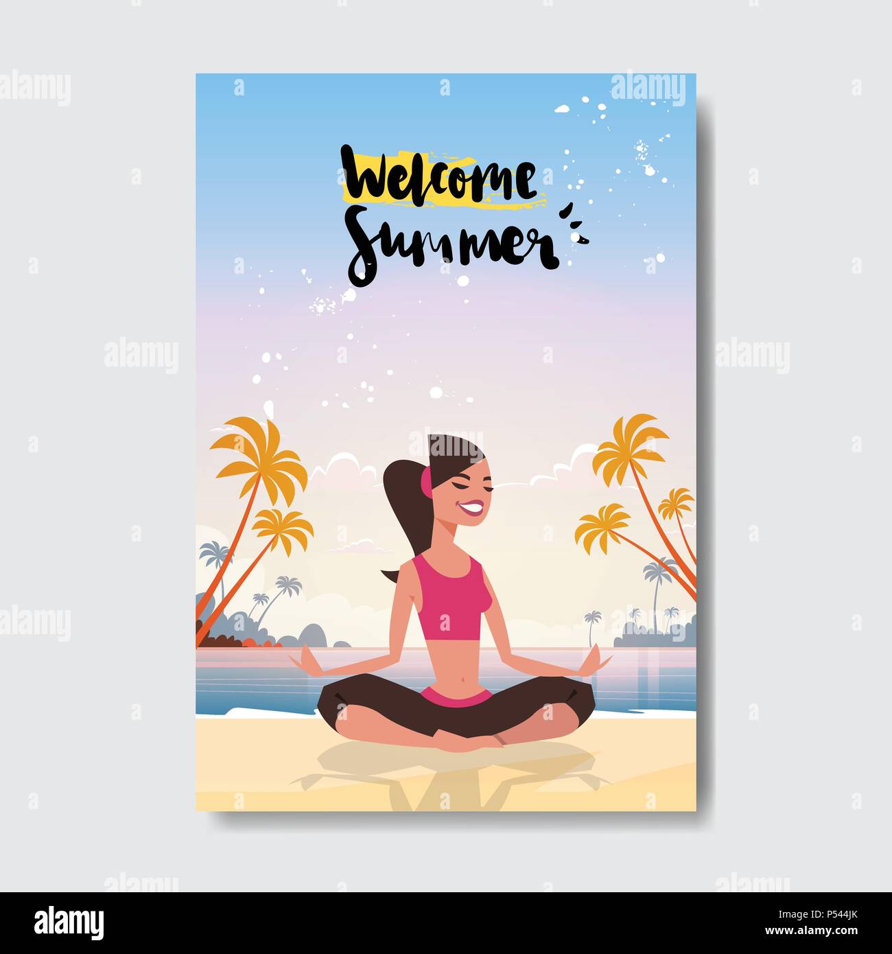 Estate donna yoga facendo esercizi Sunset beach Design badge etichetta. Stagione Vacanze scritte per il logo,Modelli, invito biglietto di auguri, poster e stampe. Illustrazione Vettoriale