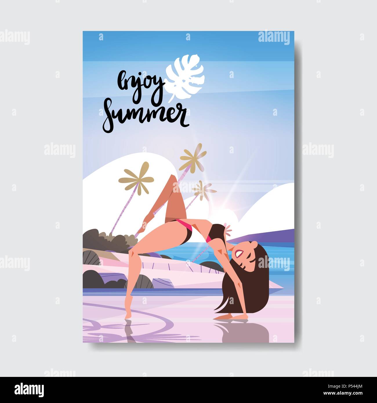 Estate donna yoga facendo esercizi sunrise beach Design badge etichetta. Stagione Vacanze scritte per il logo,Modelli, invito biglietto di auguri, poster e stampe. Illustrazione Vettoriale