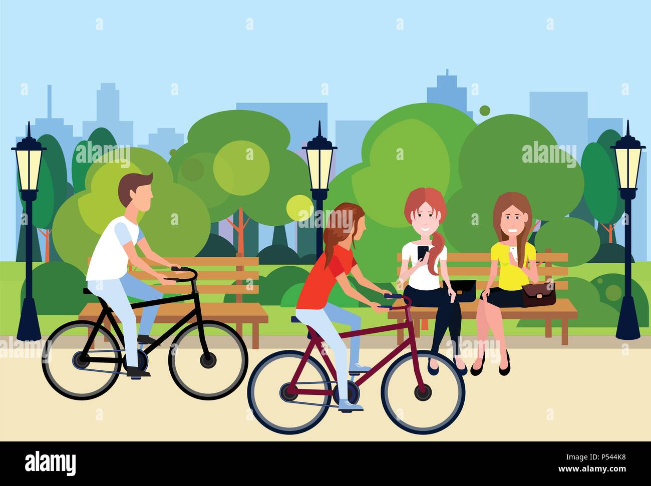 Pubblico parco urbano donna uomo seduto panca in legno all'esterno Passeggiate Ciclismo in esecuzione del prato verde di alberi in edifici della città modello piatto di sfondo Illustrazione Vettoriale