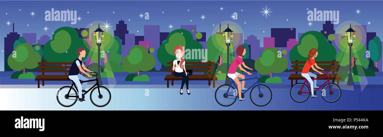 Pubblico Urbano notte park donna uomo seduto panca in legno all'esterno Passeggiate Ciclismo in esecuzione del prato verde di alberi in città edifici sfondo modello banner piatta Illustrazione Vettoriale